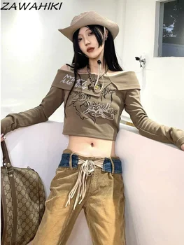 Y2k Kız Kırpılmış T-shirt Seksi Bayan Slash Boyun Kapalı Omuz düzensiz tişört 2023 Yaz Kore Uzun Kollu Kırpma Üst