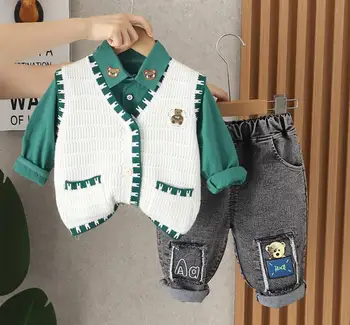 Yakışıklı Erkek Bebek Kıyafetler Set Bahar Sonbahar Karikatür Örme Kolsuz Yelek T-Shirt Pantolon 3 Adet Erkek Eşofman Çocuk Giysileri