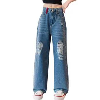 Yaz 2023 Çocuk Moda Yırtık Kot Uzun Pantolon Pantolon Kızlar Klasik Kot Delik Pantolon Genç Yüksek Bel Okul günlük kot