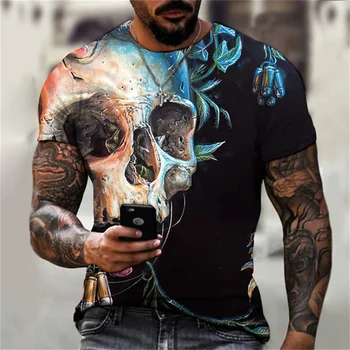 Yaz 3D Baskılı erkek tişört Siyah Kafatası Büyücü Hip Hop O-Boyun Kısa kollu Gömlek Casual Günlük erkek tişört
