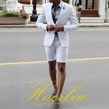 Yaz Beyaz Erkek Takım Elbise Resmi Ceket Pantolon 2 Parça Set İş şort takımı Düğün Smokin Erkek Özel Giysi