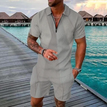 Yeni Erkek Takım Elbise 3d Baskılı Çizgili Baskı Yaz Rahat Kısa Kollu POLO GÖMLEK Şort Takım Elbise Moda Fermuar POLO GÖMLEK İki Parçalı Set
