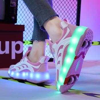 Yeni Pembe USB Şarj Moda Kız Erkek led ışık Paten Ayakkabı Çocuklar Çocuklar İçin Sneakers İle Tekerlekler Dört tekerlekler