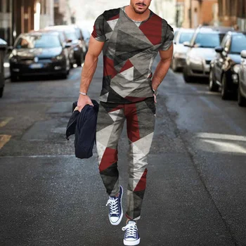 Yeni Yaz 2 parça spor tişört Jogger Erkekler spor elbise Geometrik Şekil Desen Baskılı kısa kollu tişört Pantolon Büyük Boy