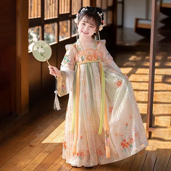 Yeni Çin Hanfu Elbise Yaz Kızlar Taklit Tang Şarkı Hanedanları rahat elbise Antik çocuk İşlemeli Elbise