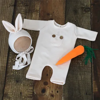 Yeni çocuk fotoğraf giyim Yenidoğan bebek yumuşak örme tek parça giysi + şapka + havuç tavşan tavşan üç parçalı set