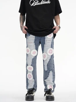 YIHANKE Kot Erkekler için Yüksek Sokak Vintage Nakış Şalvar Kot Erkek Giyim Gevşek Rahat Düz Erkek Kot Pantolon