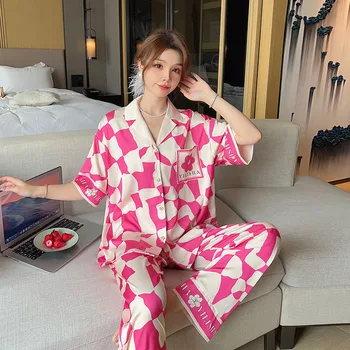Yüksek Kaliteli kadın Pijama Takımı Lüks Çiçek Baskı Yaka Pijama İpek Uzun Kollu Loungewear kadın Pijama Takımı 3