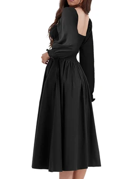 Zarif Dantel Trim Maxi Elbise Kadınlar için Şık Kare Yaka Uzun Kollu Backless Tasarım ve Düğmeli Kapatma