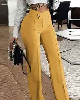 Zarif kadın Düğmeli Düz Bacak İş Pantolonu Moda Yüksek Bel Bayanlar Pantolon 2023 Ofis Temel Streetwear Giyim