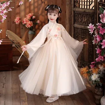 Çin Tarzı Şampanya Aplike Boncuk Elbise Kız Kostüm Çocuk Peri Cosplay Kostüm Dans Hanfu