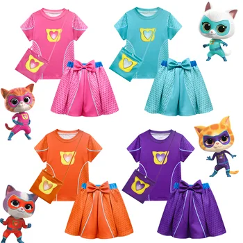 Çocuk elbiseleri Üç parçalı Cosplay Süper Kitties Elbiseler SuperKitties Kostüm Kızlar üst giysi Etek Çanta ile