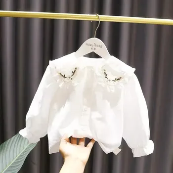 Çocuk Pamuklu Gömlek Bahar Elbise Yeni Kız Bebek İşlemeli Dantel POLO GÖMLEK Uzun Kollu Üst Kız Alt Gömlek